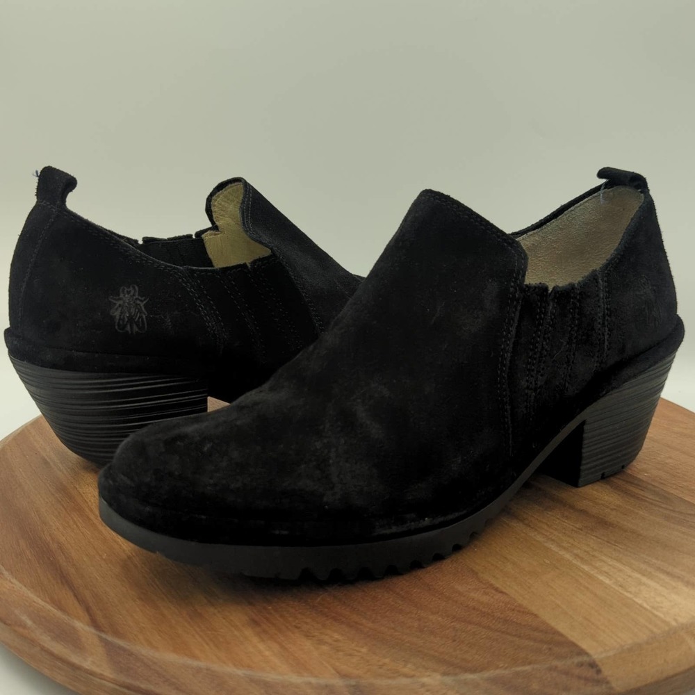 Fly London Wate Black Suede Woman's Slip On Shoes Wedge Heel Size 41